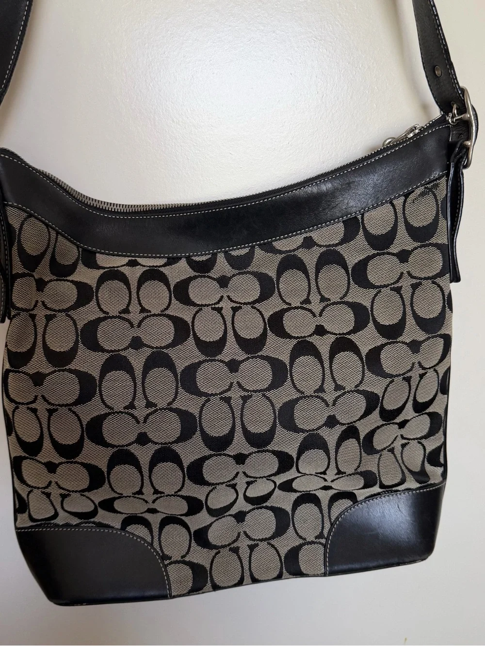 COACH Crossbody Bag Canvas Monogram Leather Trim Pre-Loved